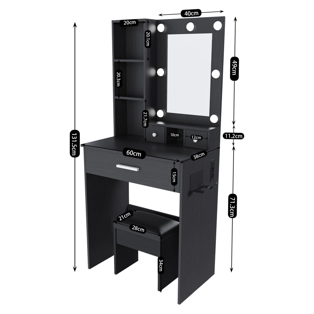 Tavolo da toeletta compatto con specchio LED regolabile; presa; porta asciugacapelli; sgabello imbottito; cassetti e mensola; Nero; B60×H131;5×P38cm