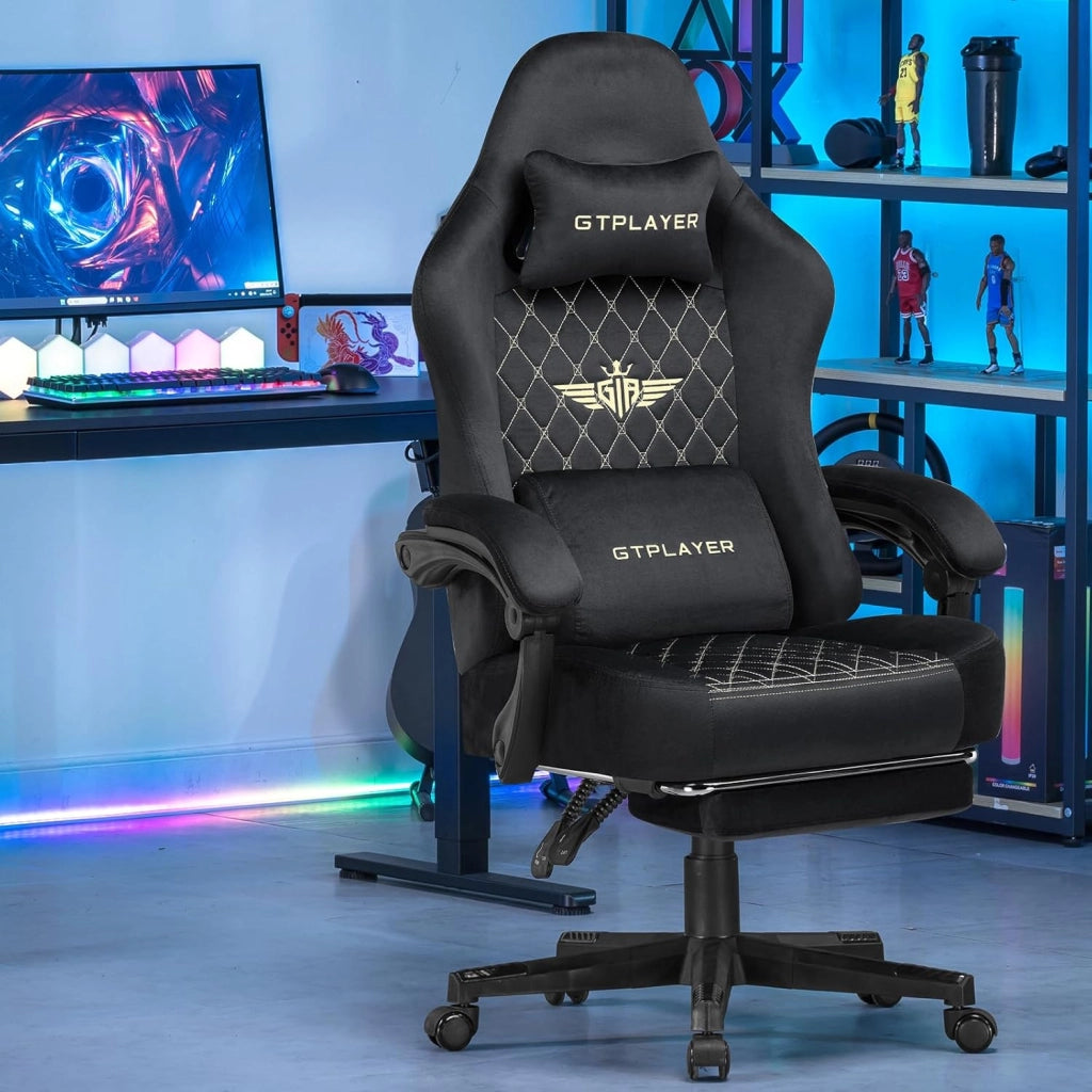 Sedia Gaming Poltrona Gaming Tessuto Sedia Gamer Ergonomica Ufficio Sedia PC 150 kg Sedia da tavolo regolabile e girevole con Cuscino Seduta a Molle e Poggiapiedi, Nero
