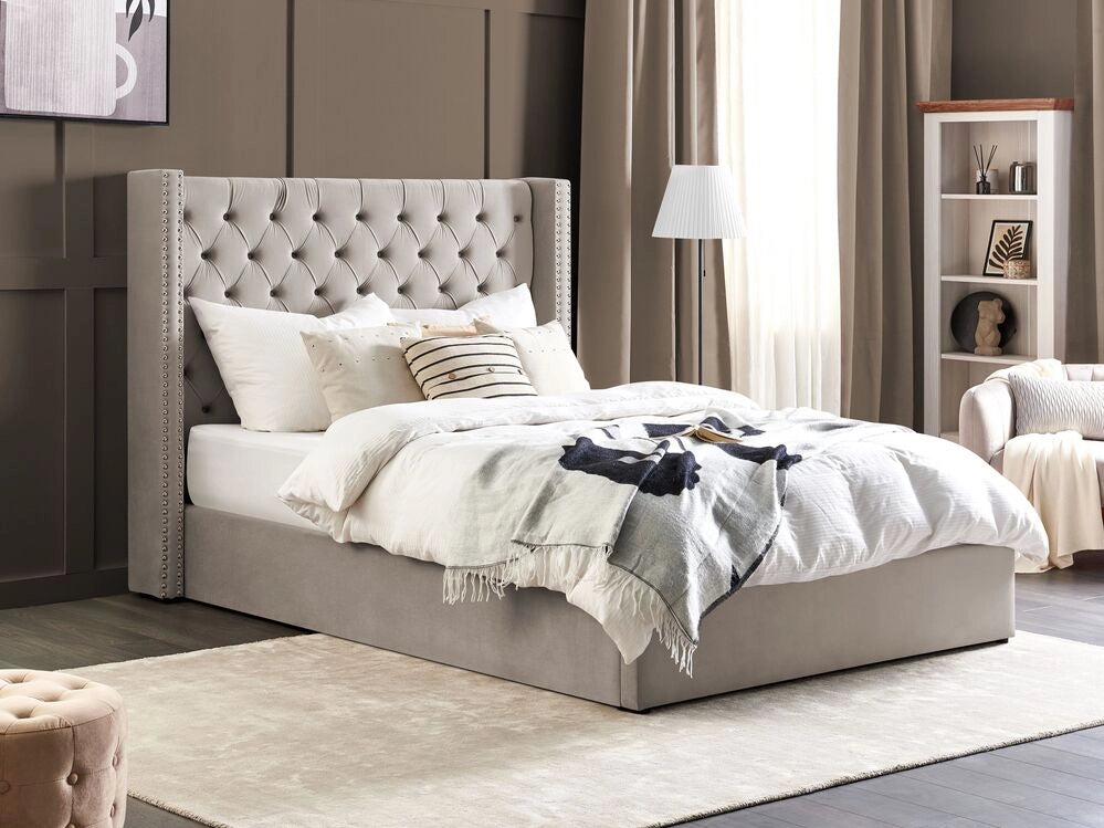 Letto contenitore velluto grigio chiaro e argento 160 x 200 cm glamour elegante