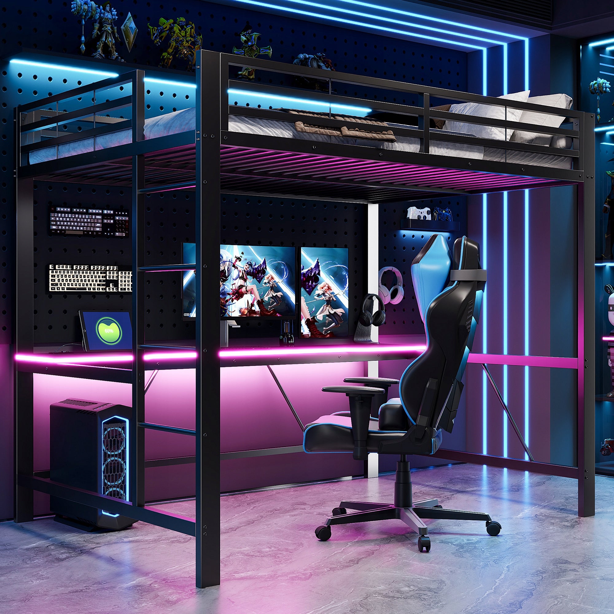 Letto da gaming in metallo - Xylo - 140x200 - Nero - LED USB