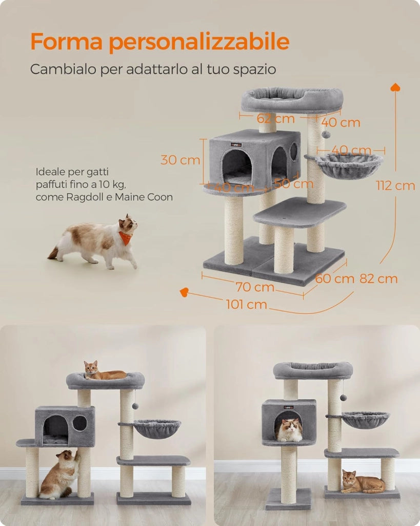 FEANDREA Tiragraffi, Albero per Gatti con Piazzola XXL in Peluche, Ampia Casetta e Cuccia Rotonda, unità Mobile, Spesse Colonne Completamente Rivestite in Corda Sisal, Stabile, Grigio Chiaro PCT01W