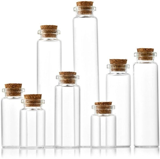 Flessini in Vetro da 8 a 25 ml - Bicchieri di Raccordo con Gomma - Piccoli Bicchieri per Riempimento - Decorazione Fai da Te - Adatto per Spezie e Oli - Vetro di Alta Qualità - Bicchieri Miniature
