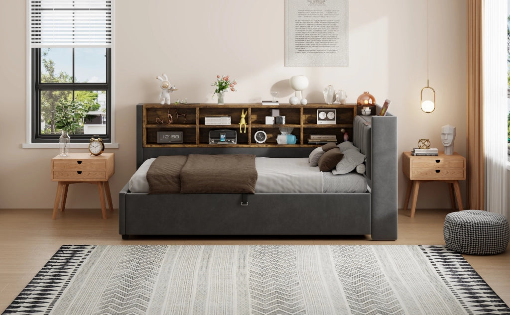 Letto singolo imbottito 90 ¡Á 200 cm con vano idraulico in velluto grigio luce notturna USB Type-C e ripiani