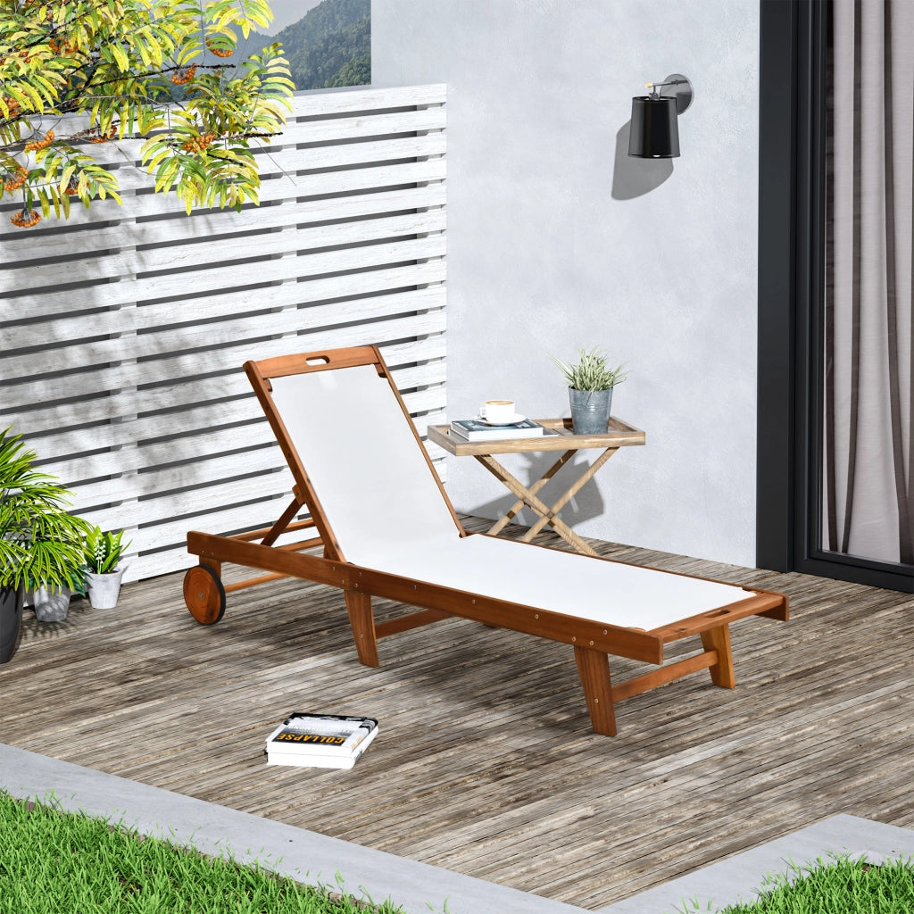 Lettino da giardino regolabile ¨C zephmum ¨C Legno di acacia, Textilene bianco naturale, 198x55x30-88.5 cm