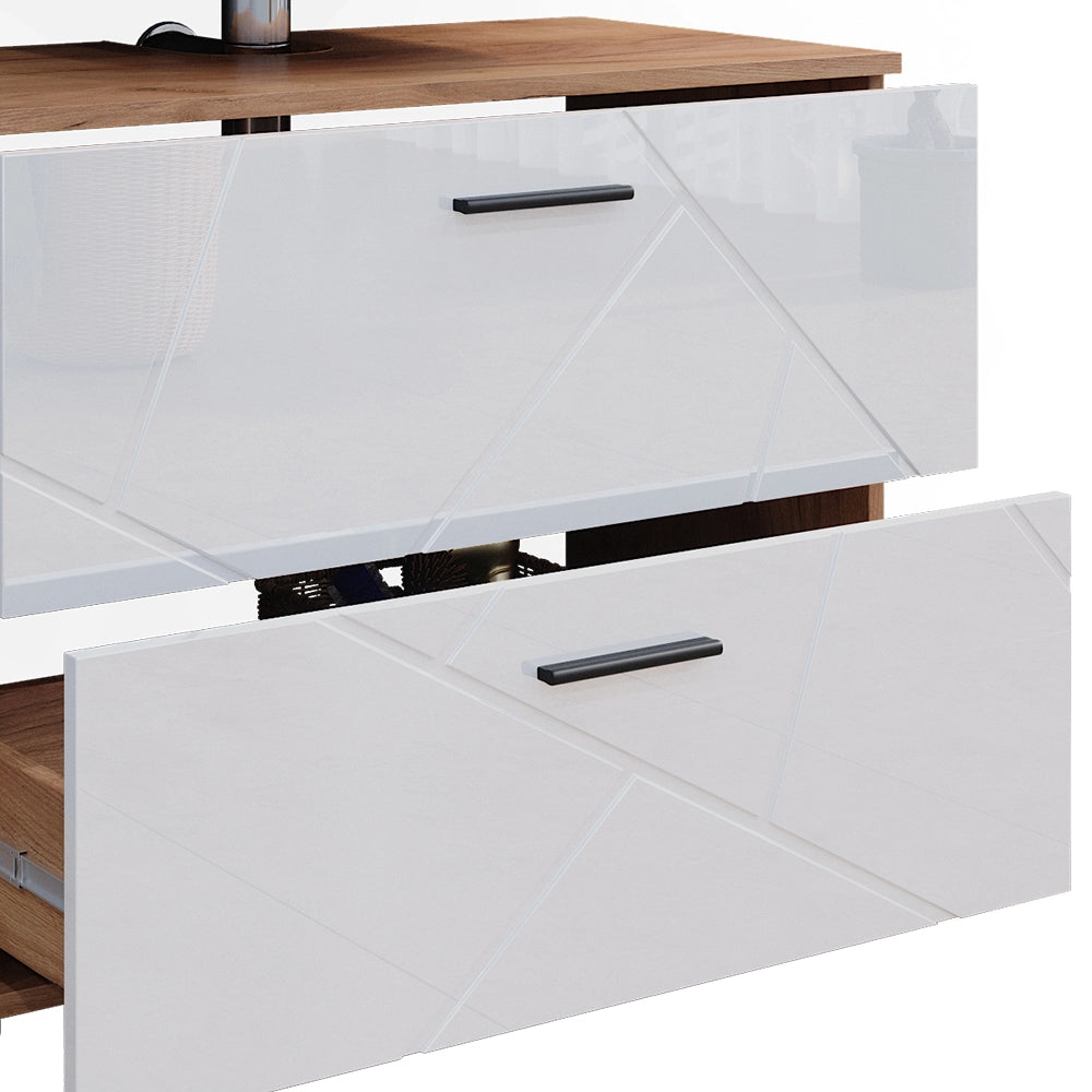 Vicco Set di mobili da bagno Bianco lucido/oro power oak 4 parti, con cassettiera e colonna