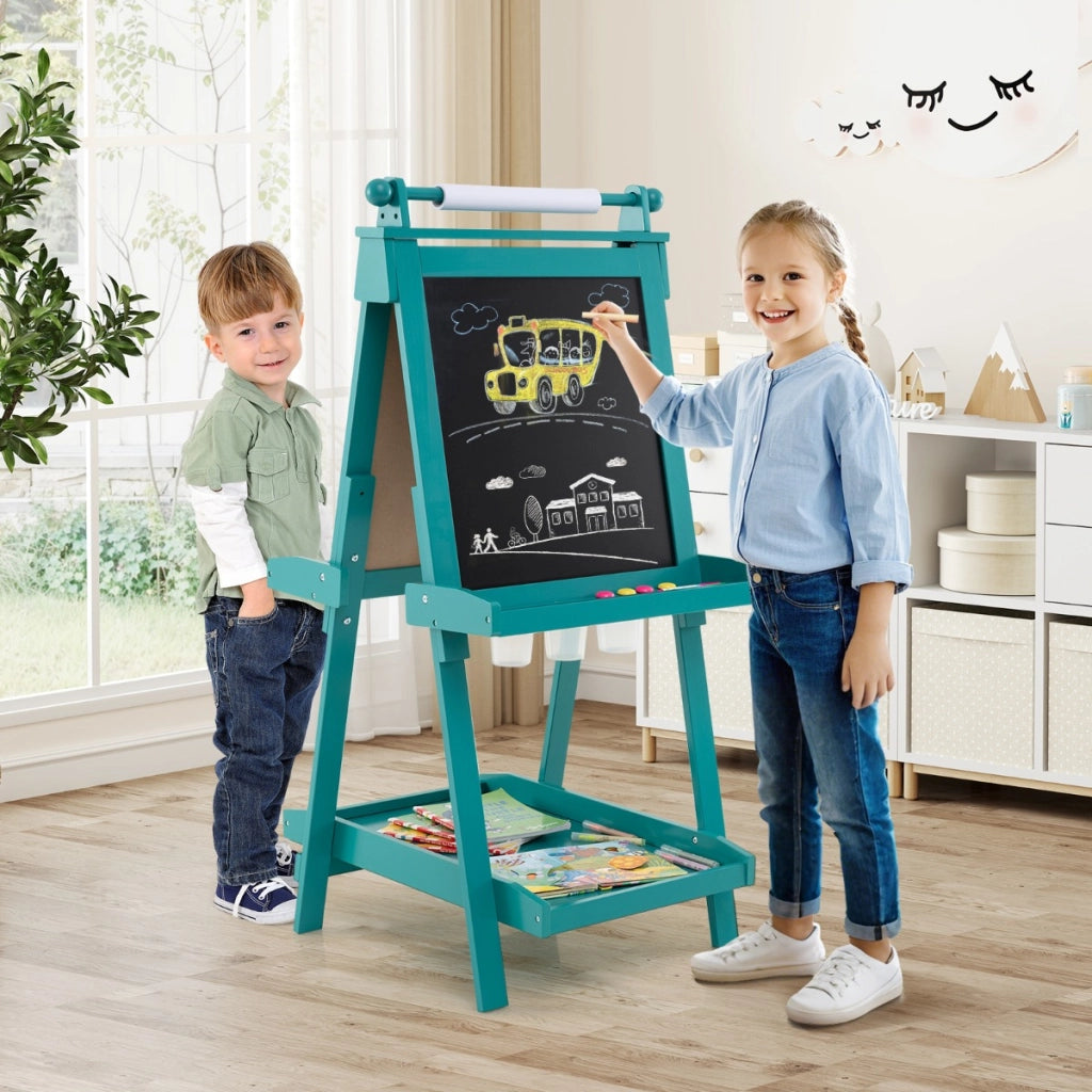 Cavalletto per bambini 3 in 1 cavalletto artistico con lavagna bifacciale-Rotolo di carta vassoi portaoggetti e 3 bicchieri per pittura Verde