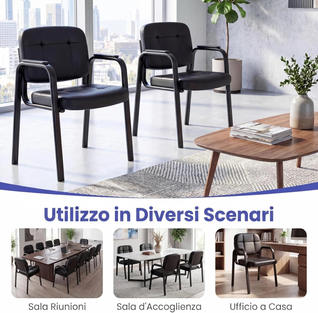 Set di 2 Sedie Scrivania, Sedie da Ufficio senza Ruote, con Braccioli Imbottiti e Schienale Ergonomico, Struttura in Metallo Resistente, per Sala Riunioni, Studio, Portata 150 kg