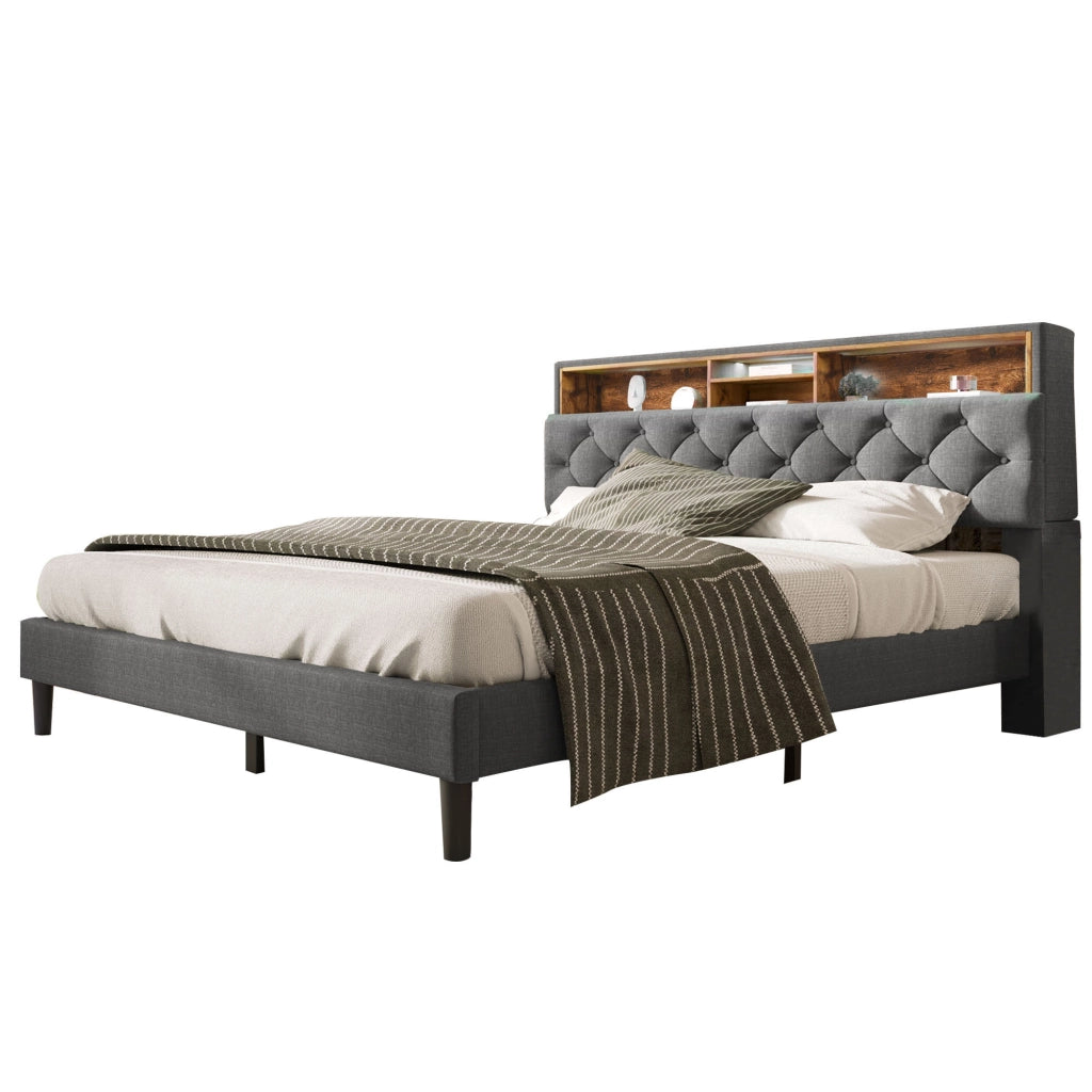 Letto Matrimoniale 140x200 Grigio con Testiera Contenitore; LED Multicolore e Rete a Doghe