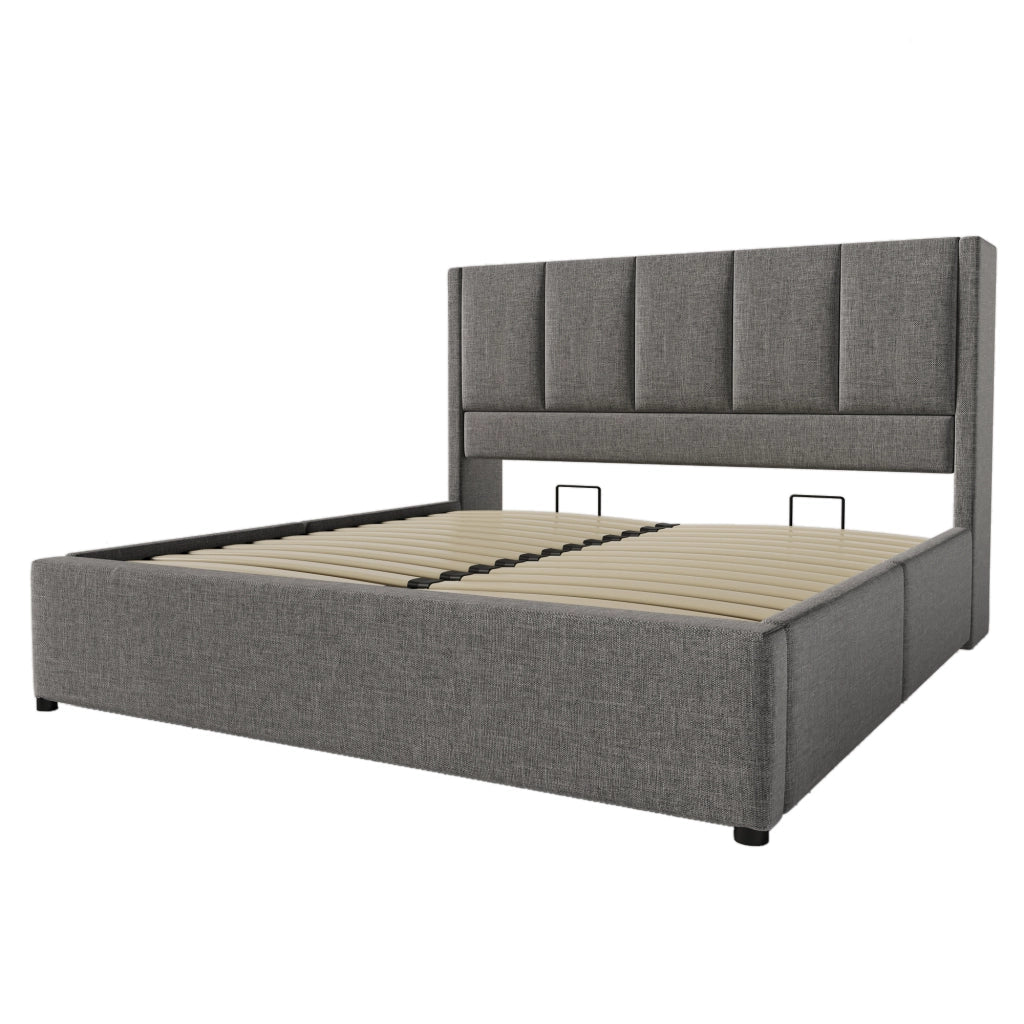 Letto Contenitore Imbottito 140x200 ¨C MINIMAL ¨C Grigio, Idraulico, con Rete a Doghe