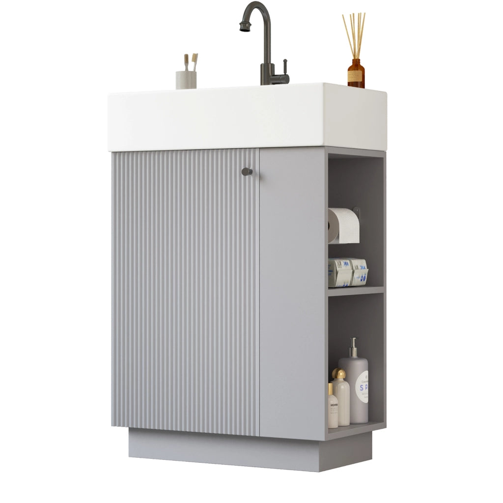Mobile sotto lavabo 55 cm con lavabo in ceramica, porta carta igienica removibile, finitura grigio MDF, soft-close
