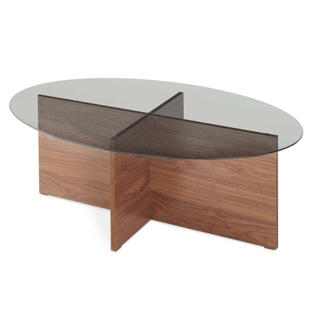 Tavolino da Caffè Viroya con Piano Ovale in Vetro Fumé 100 x 60 x 36 cm Effetto Noce/Grigio [en.casa]