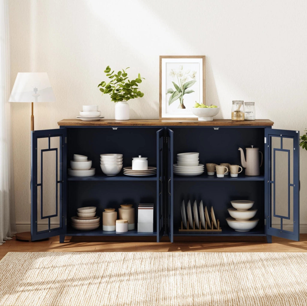Credenza cucina 160x40x86 cm con ante in vetro; ampia capacità; MDF blu