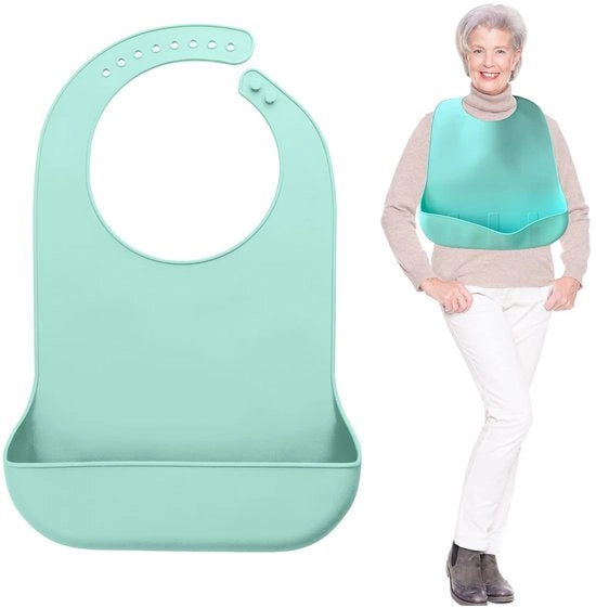 Slabbetji in silicone per adulti con contenitore, lavabile, per adulti uomini e donne, colore Vivid Mint (grande), dimensioni 14,5 pollici (b) x