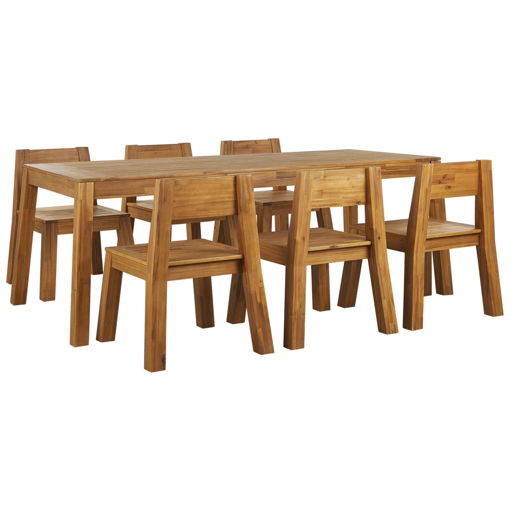 Set da pranzo da giardino 7 pezzi Tavolo rettangolare in legno di acacia laminato chiaro 6 sedie per interni ed esterni in stile rustico