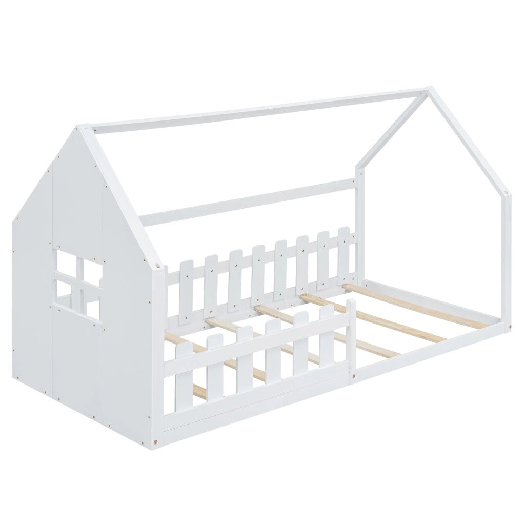Letto a forma di casa bianco in pino con funzione contenitore 90x200 cm
