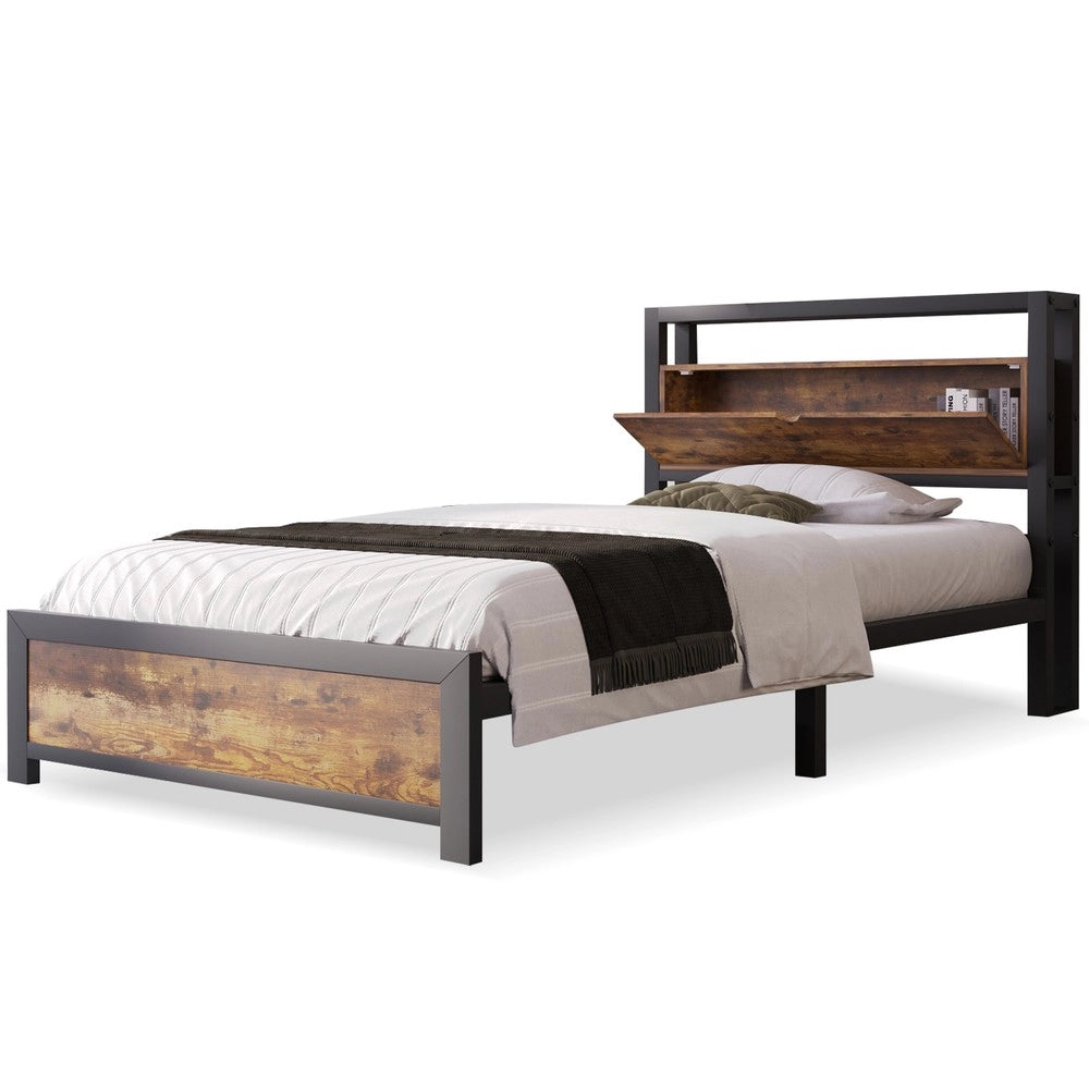 Letto Singolo in Metallo con Testiera Contenitore e Rete a Doghe ¨C MINIMAL ¨C Nero 90x200