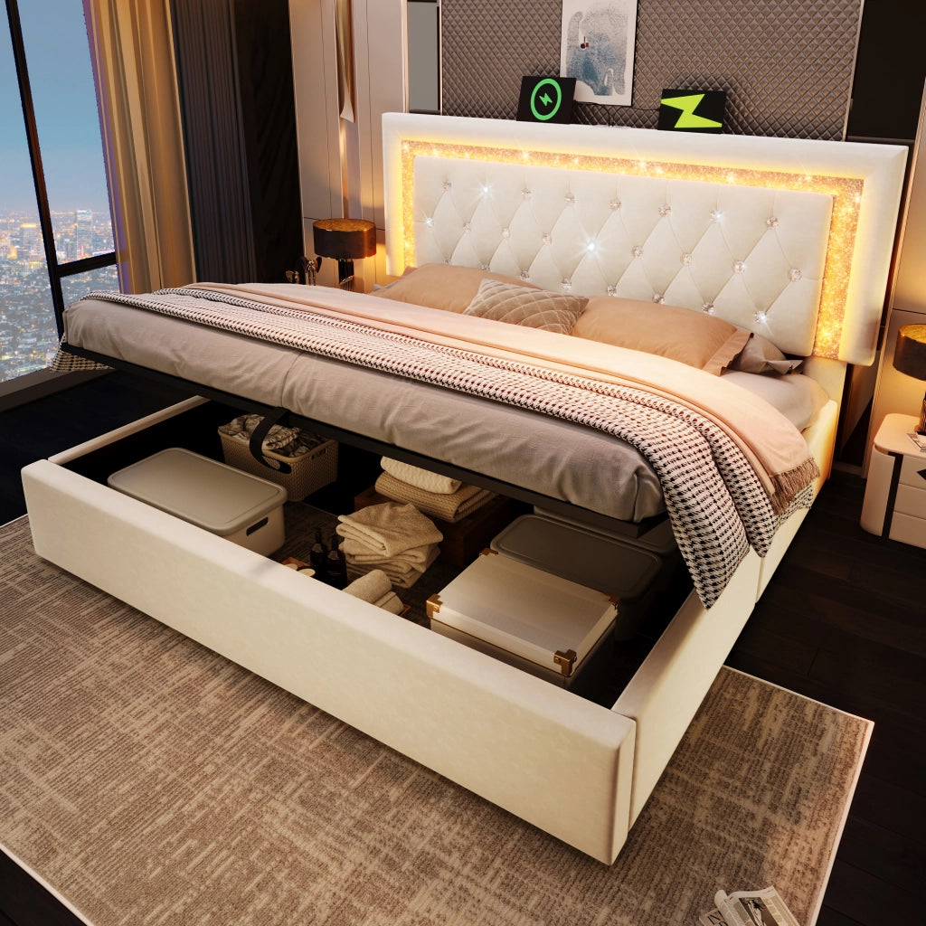 LETTO Contenitore 160x200 cm in velluto beige con materasso, LED, USB e Type-C