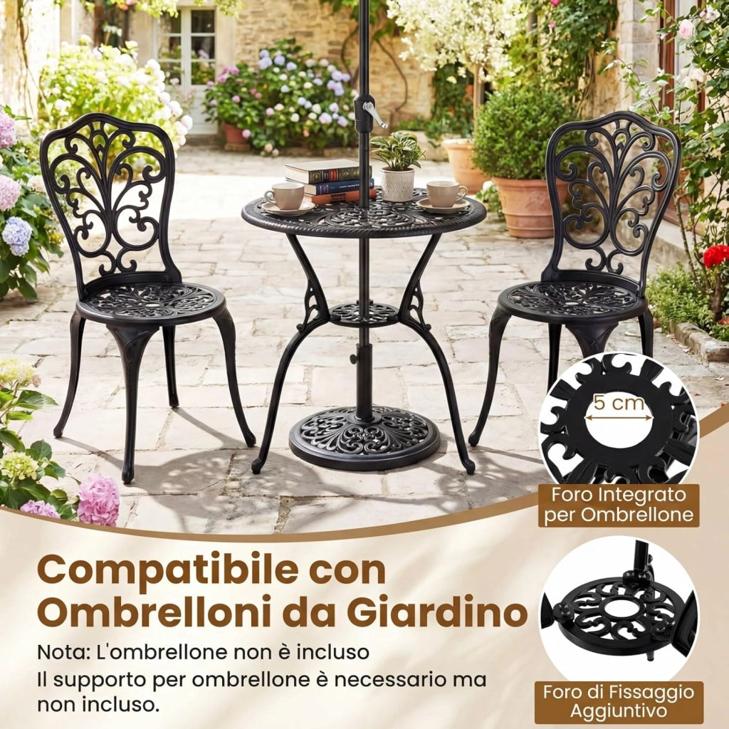 Set Tavolino e Sedie in Alluminio 3 Pezzi, Set Bistro da Esterno con Foro per Ombrellone, Mobili da Giardino per Cortile Patio Terrazza (Modello 3)