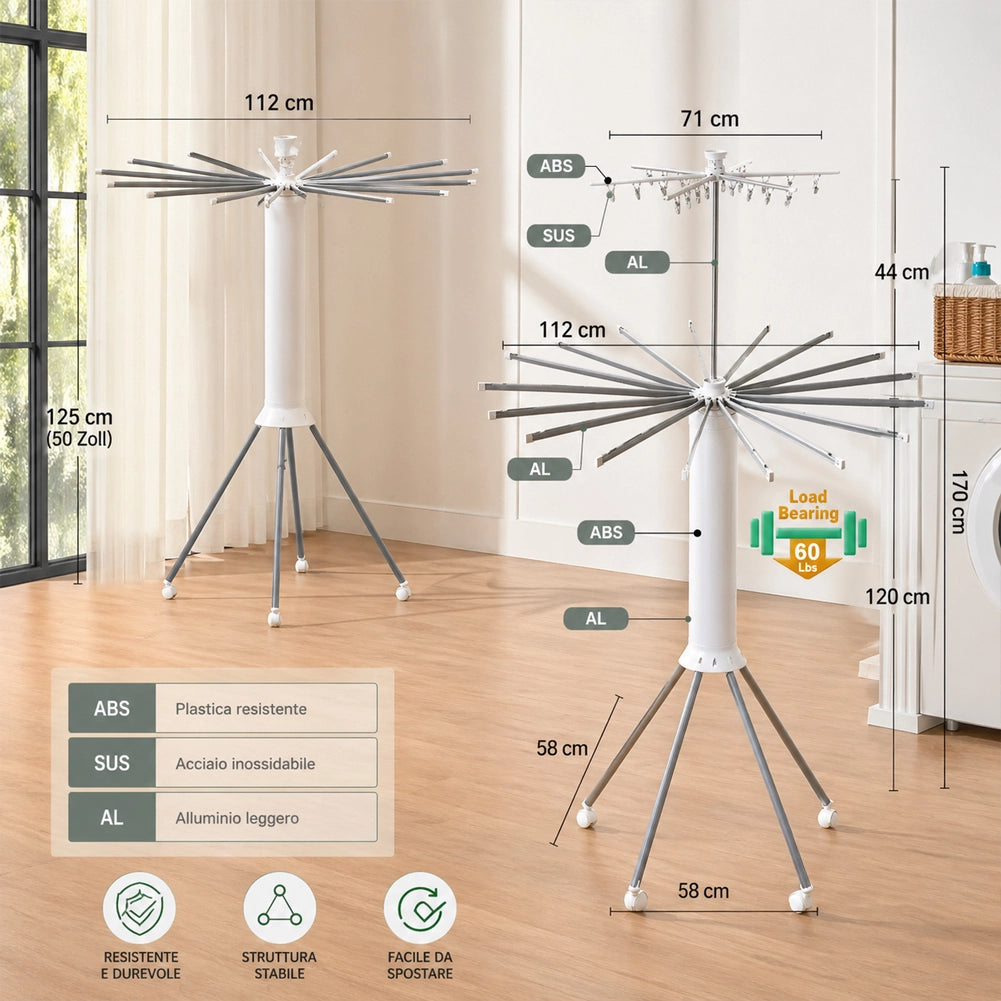 Stendibiancheria Verticale 112x58x170 cm Salvaspazio e Pieghevole Treppiede 16 Ganci in Alluminio e ABS Bianco
