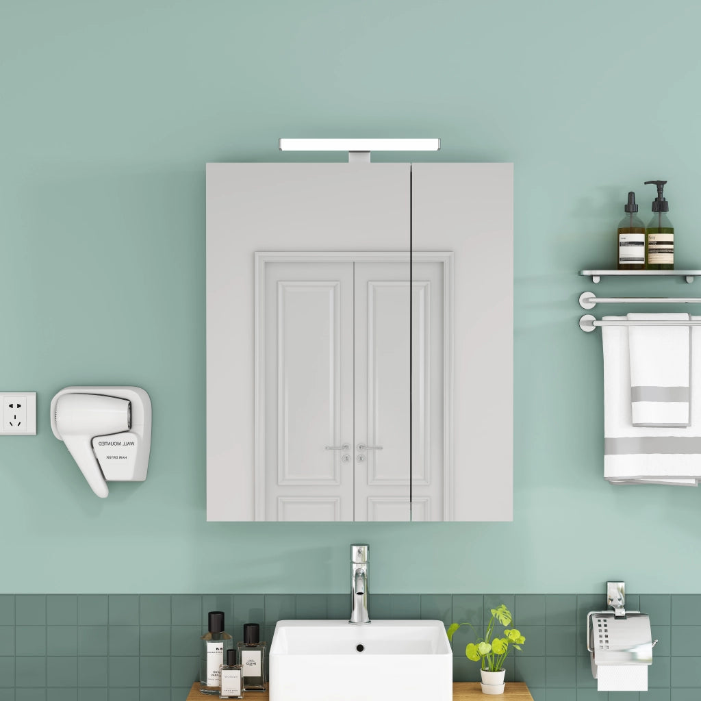 Mobile con specchio con 2 ante asimmetriche; ripiani in vetro regolabili; LED e presa integrata per bagno; bianco