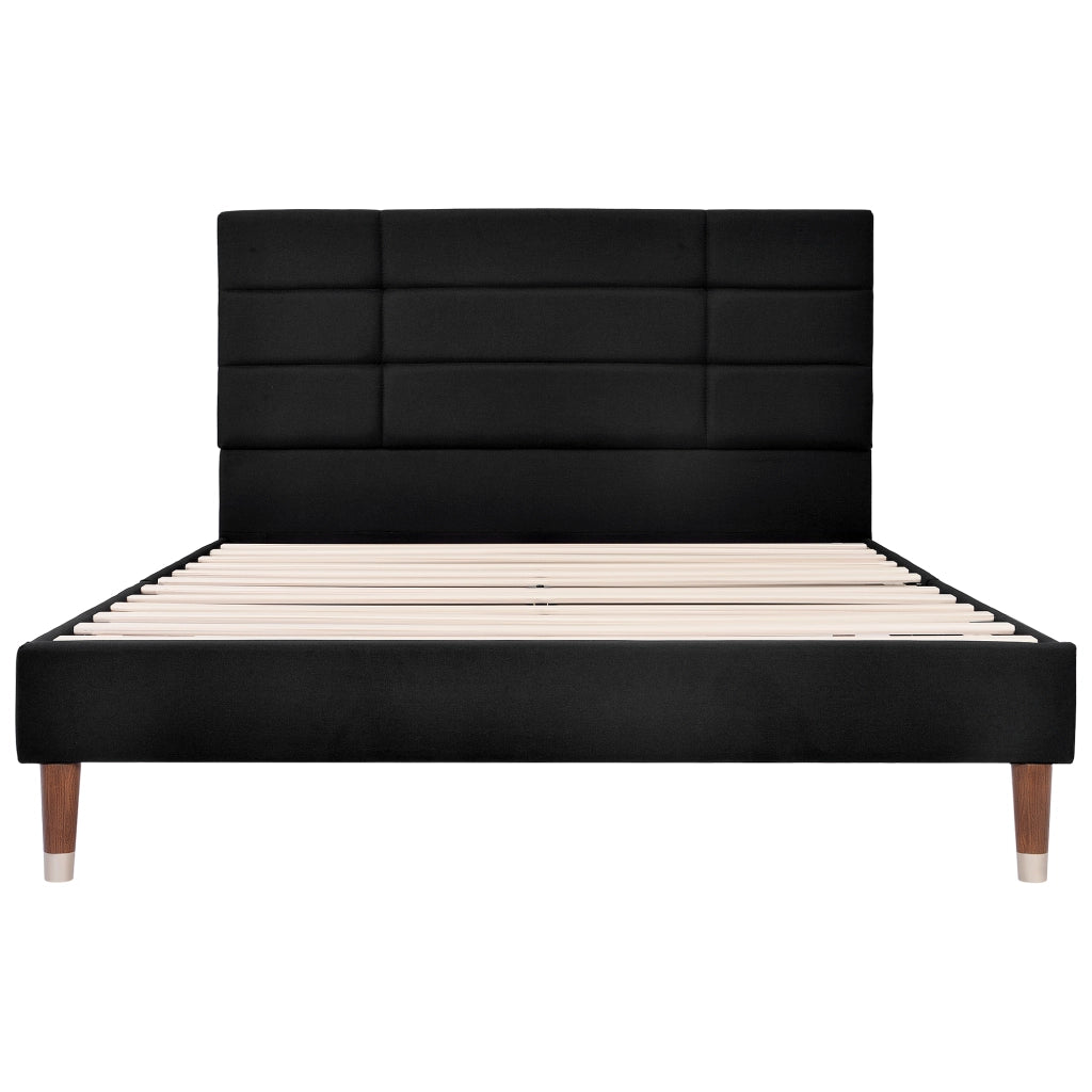 Letto imbottito in lino nero con doghe, 140x200 cm