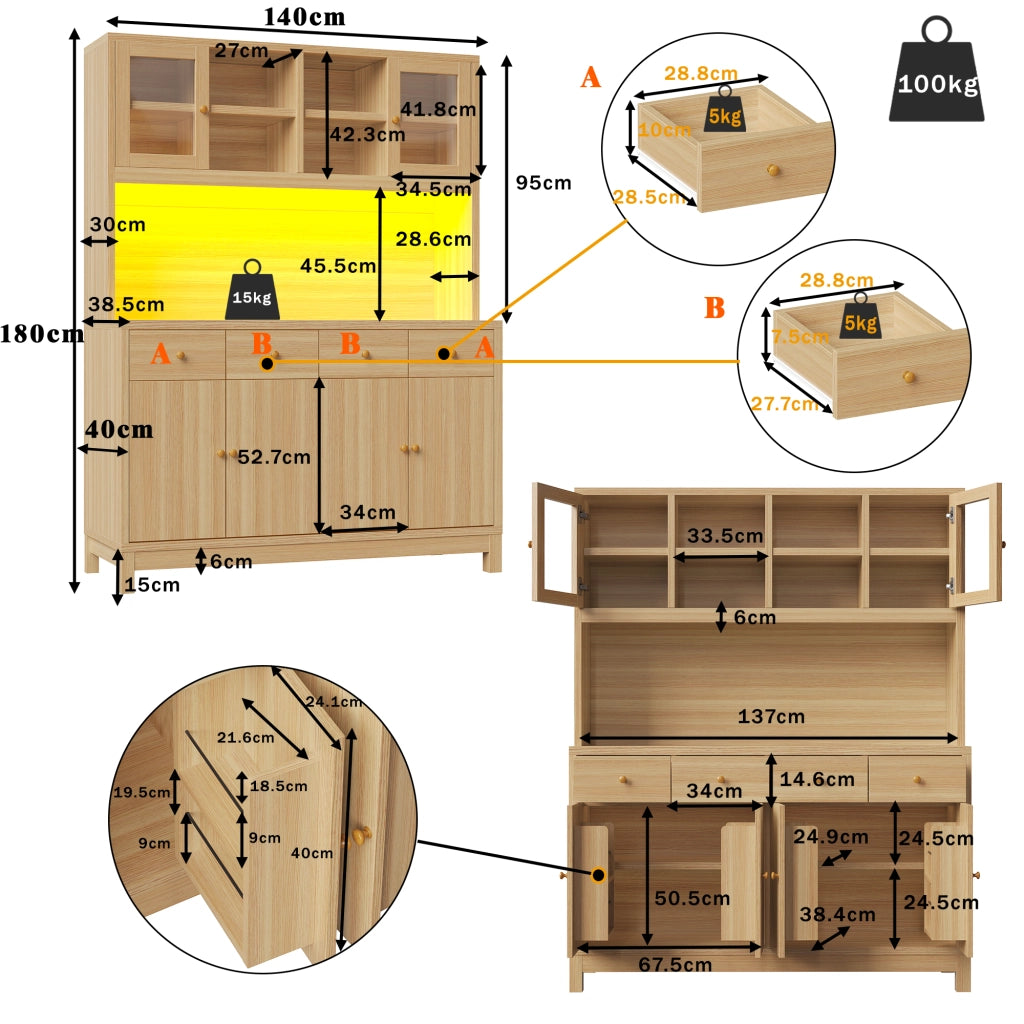 Credenza LED RGB con 4 cassetti; ante e ripiani regolabili; in MDF; per cucina; 140 × 38;5 × 180 cm