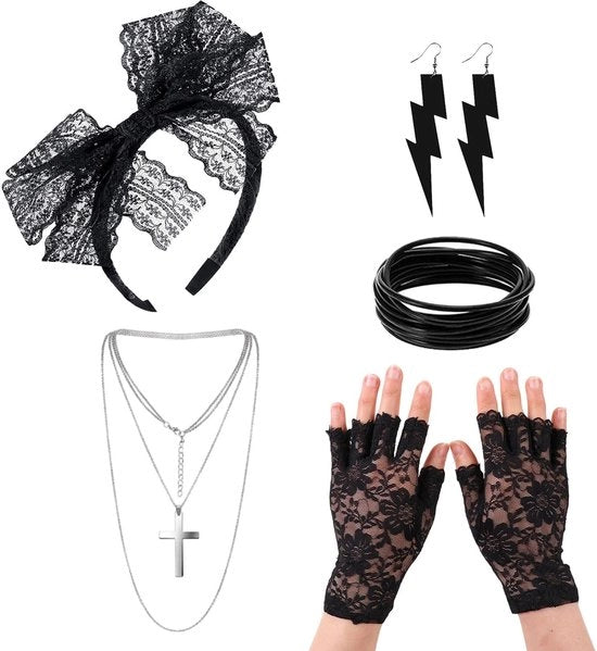 Accessori per costume 5 pezzi - Set anni '80 - Orecchini - Guanti a nido d'ape - Collana - Bracciale - Cintura con bordo - Costume da festa