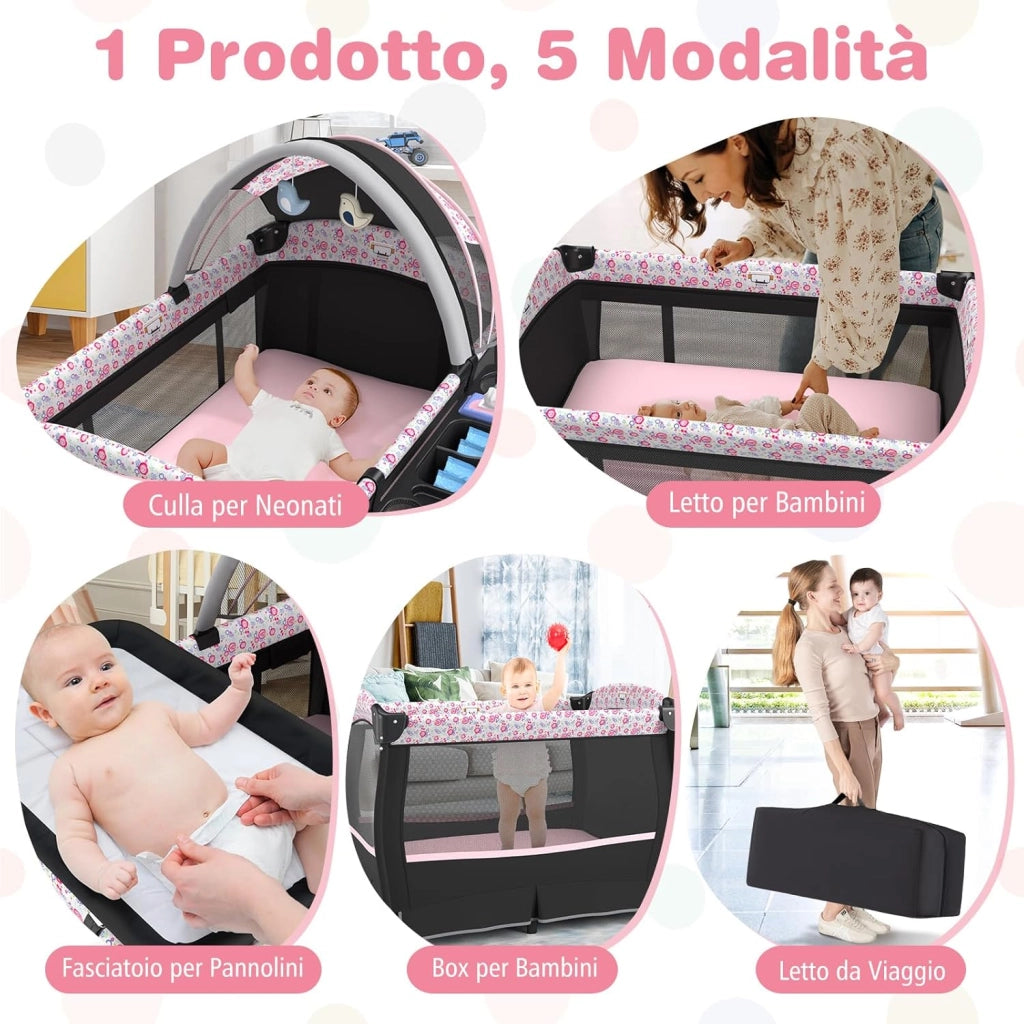 4 in 1 Lettino Neonato con Materasso, Culla da Campeggio con Fasciatoio Cappottina Regolabile, Ruote Bloccabili, Box Piechevole per Bambini 0-36 Mesi (Fiore Grande)