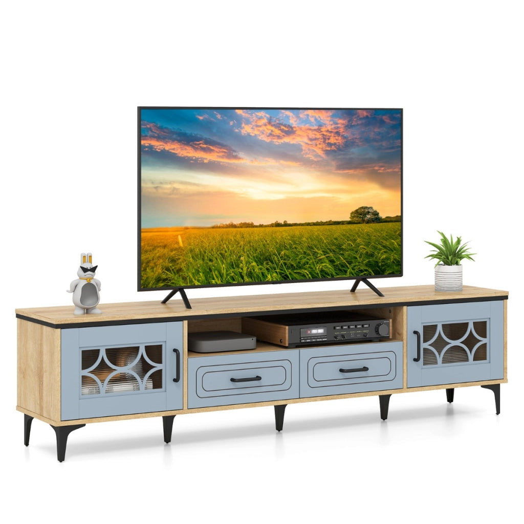 Mobile TV in legno per televisori fino a 80" consolle media per soggiorno, Mobile TV centro di intrattenimento da 180,5 cm Blu-Mobili porta TV