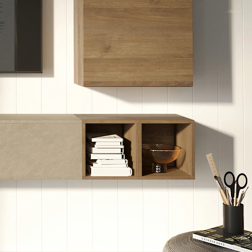 Parete Attrezzata Made in Italy Infinity 47 design moderno ideale per soggiorno, sala da pranzo, cucina, colore Argilla/Mercure