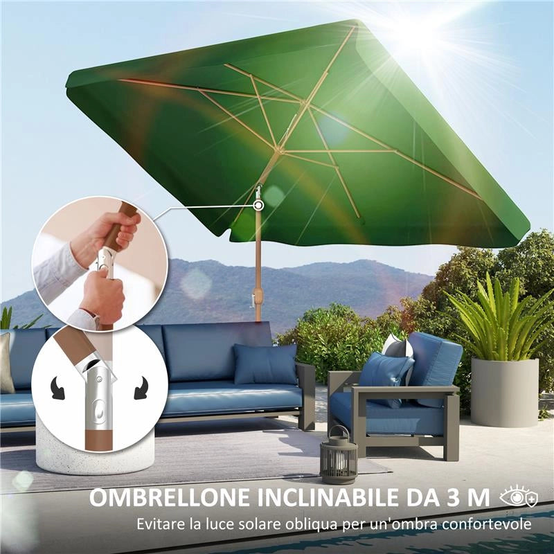 OMBRELLONE DA GIARDINO 2X3 M CON APERTURA A MANOVELLA INCLINABILE E ANTI UV 50+ VERDE