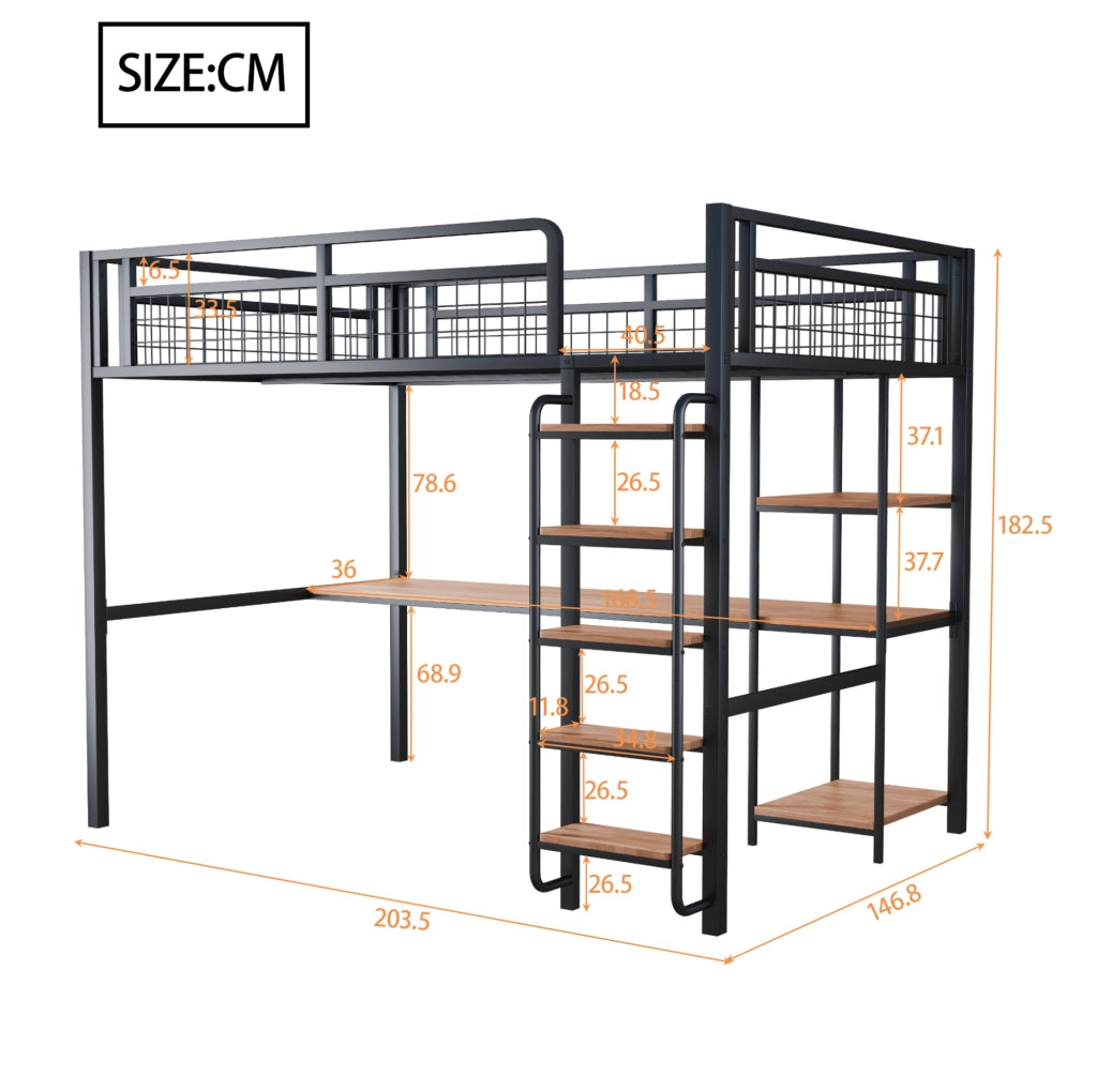 Letto a soppalco in metallo 140x200 cm nero con scrivania, ripiani e scala di sicurezza