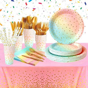 Set di compleanni per festa con tabelle arcobaleno, forchette, cucchiai in legno, tovaglioli, bicchieri in carta, decorazione per festa, baby shower per 20 ospiti, 161 pezzi.