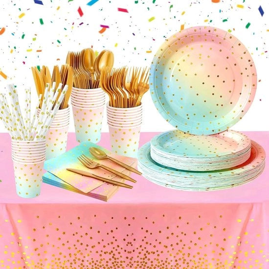 Set di compleanni per festa con tabelle arcobaleno, forchette, cucchiai in legno, tovaglioli, bicchieri in carta, decorazione per festa, baby shower per 20 ospiti, 161 pezzi.