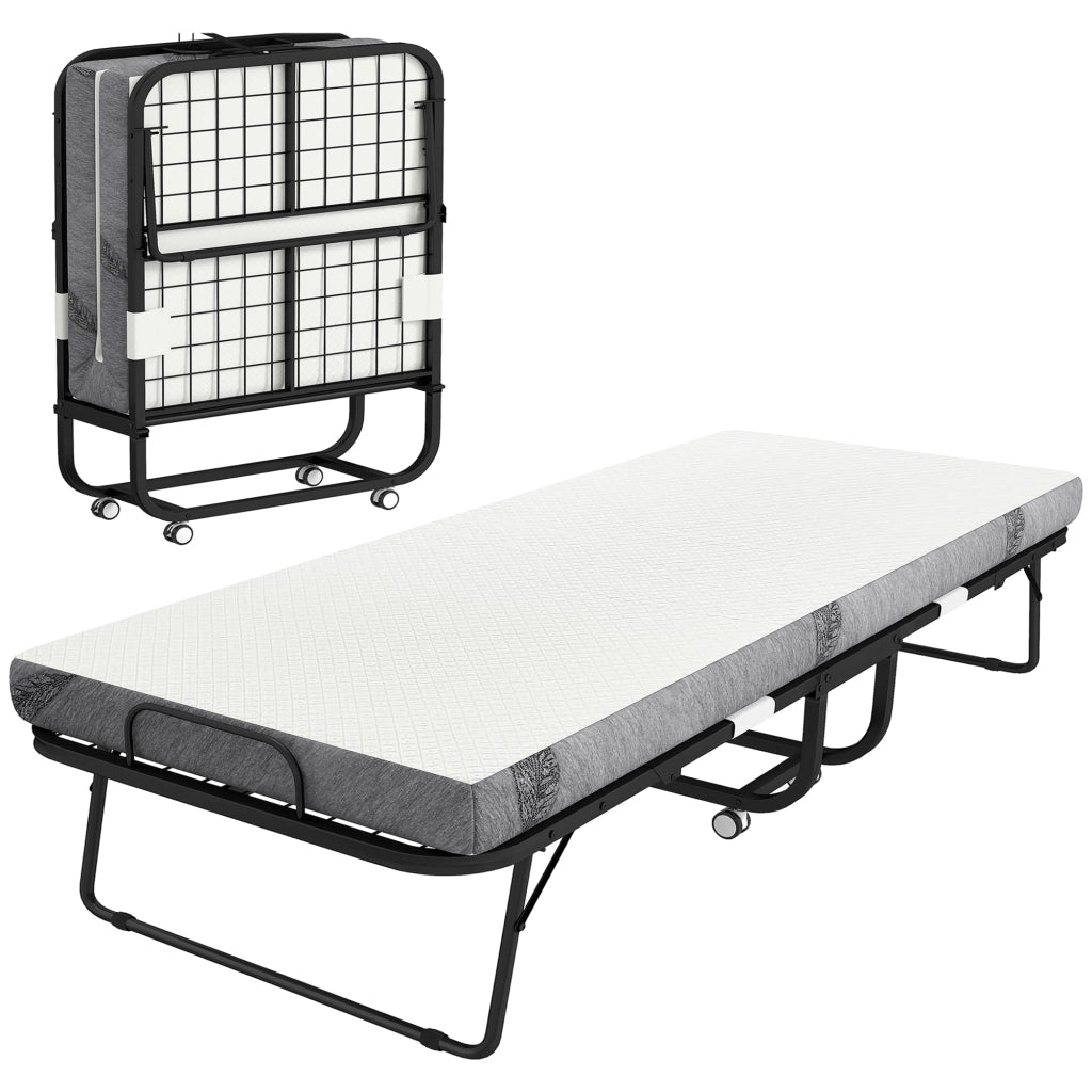Letto Pieghevole Singolo con Materasso ¨C Xylo ¨C Metallo Nero con Ruote 90x200 cm