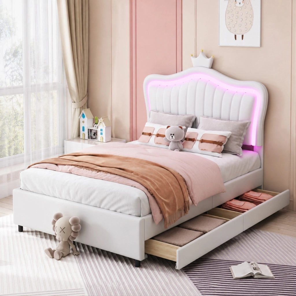 Letto per bambini 1 posto con 2 cassetti, LED e testiera regolabile 90 × 200 cm, senza materasso