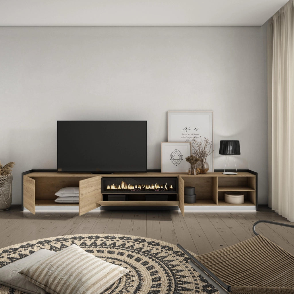 Mobile TV Soggiorno, 310x50x37 cm, Per TV fino a 80", Camino elettrico, LED, Rovere e nero