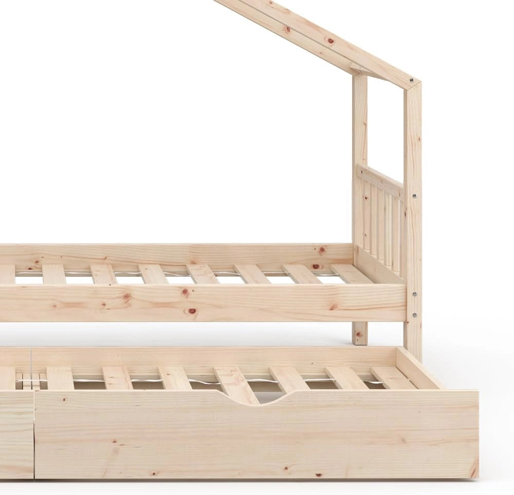 Letto montessori bambini Design, Legno naturale, 90x200 cm con letto per ospiti, con sponda anticaduta e rete a doghe per un sonno sicuro