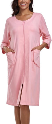 Camisola da bagno per donna con cerniera, giacca leggera in cotone 100%, pigiama con maniche 3/4 e tasche (rosa, XL)