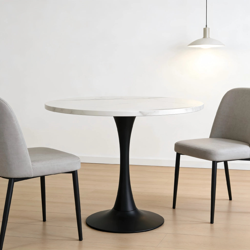 Tavolo da Pranzo Rotondo ¨C MINIMAL ¨C Piano Effetto Marmo Bianco, Gambe Metallo Nero, 80cm