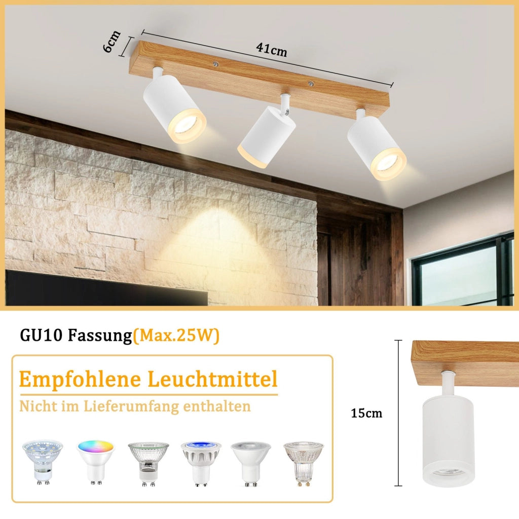ZMH Faretto da soffitto 3 luci GU10 legno acrilico girevoli 350° per soggiorno