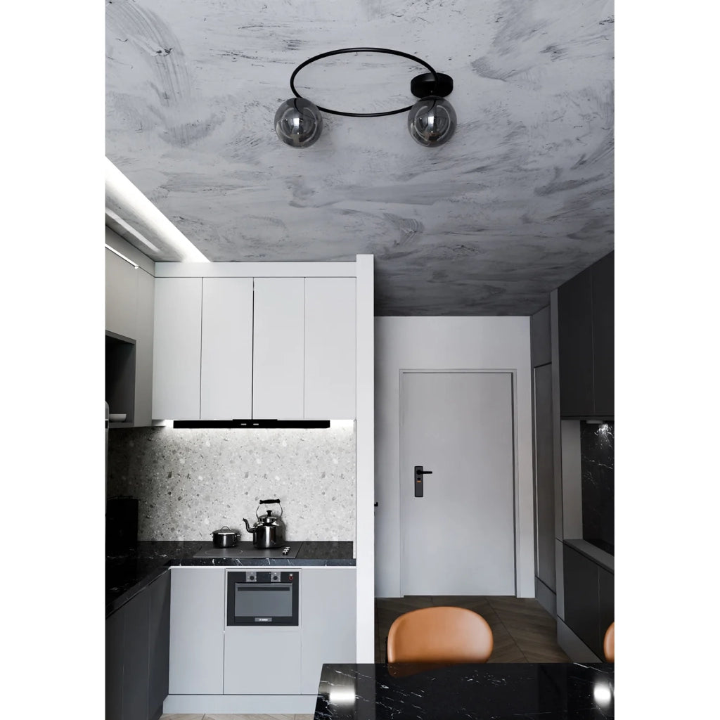 Plafoniera Minimal 2 Luci Perseo In Acciaio Nero E Sfere In Vetro Fumè