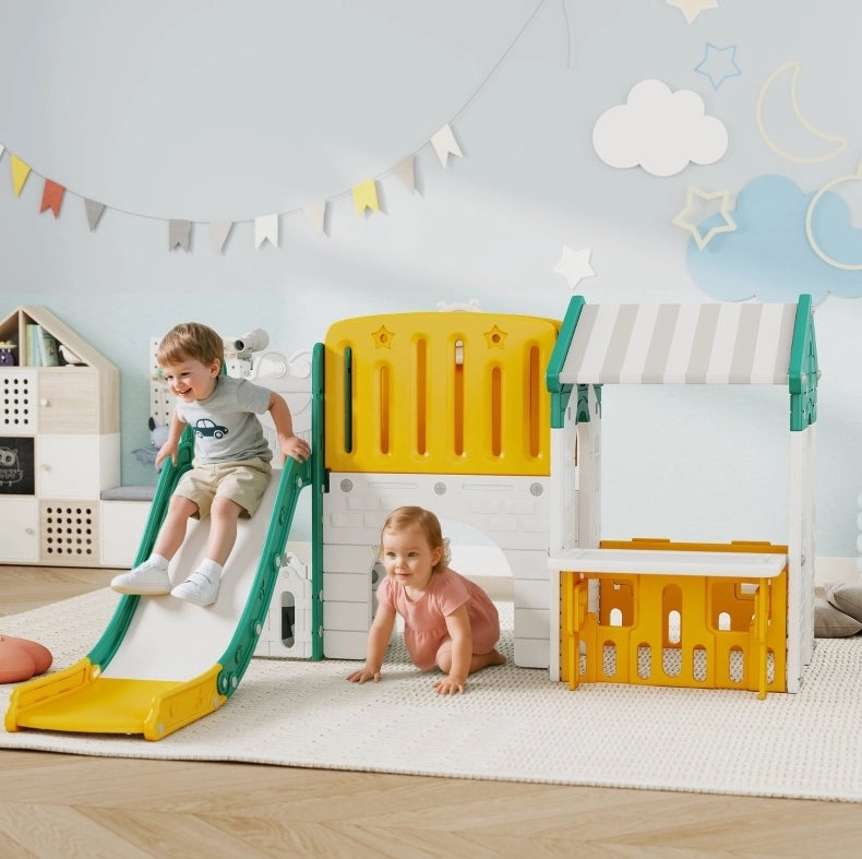 Parco giochi 7 in 1 per bambini con scivolo, casetta e canestro, giallo