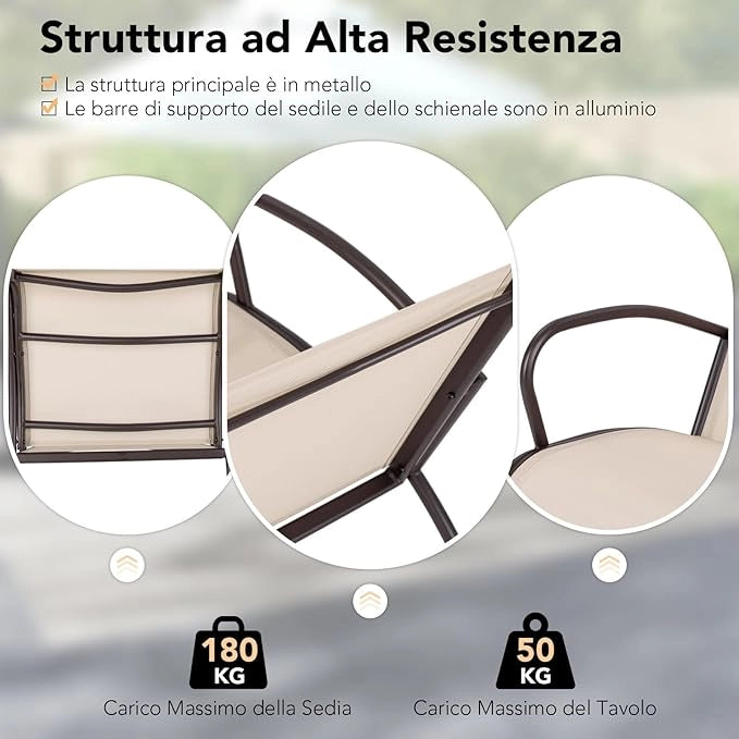 Set Tavolino e Poltrona a 3 Pezzi, Tavolino e Poltrone da Giardino con Seduta Curvata in Tessuto, Set di Mobili Esterno da Bistro, per Giardino Balcone Piscina