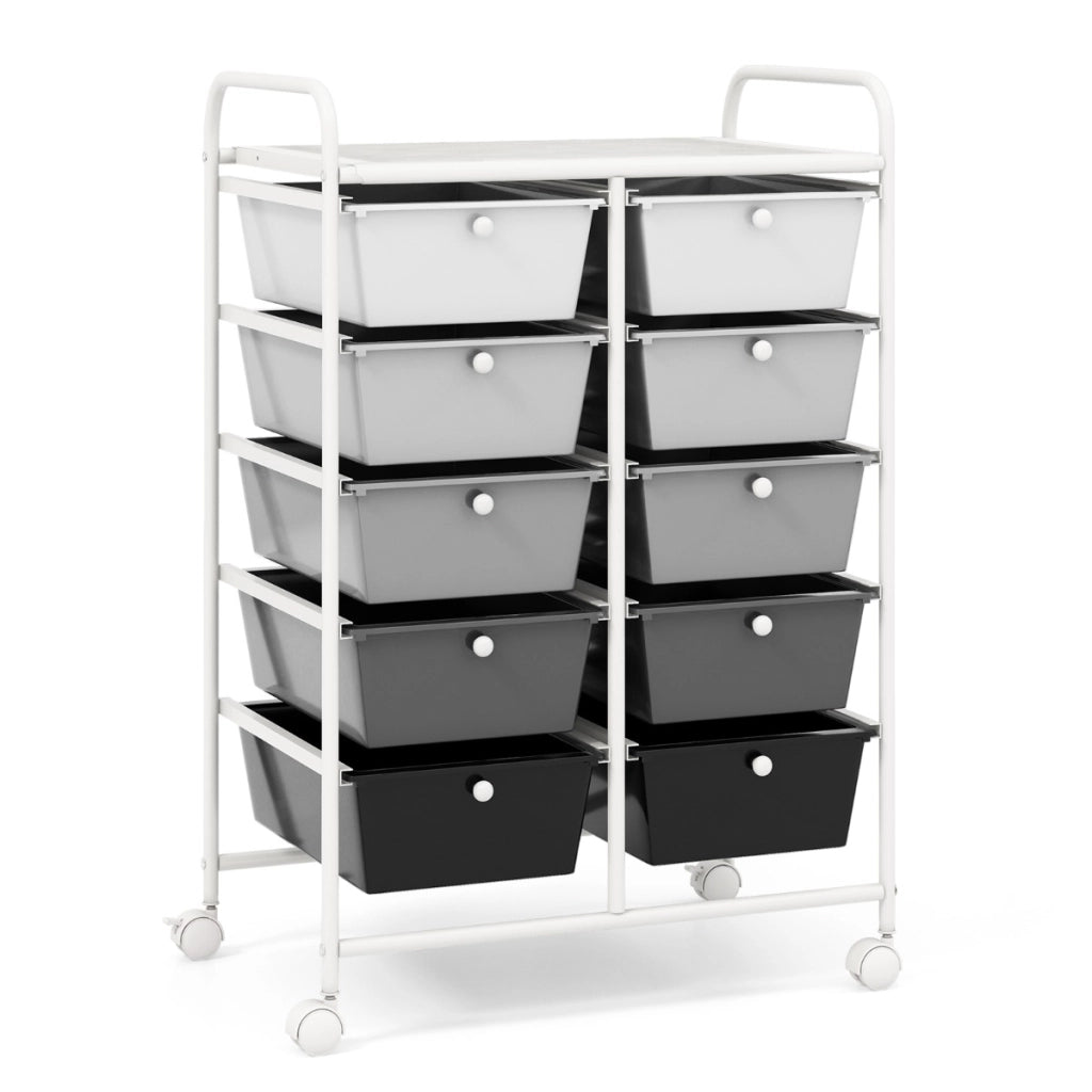 Carrello a 10 cassetti multiuso con ruote-Scaffale Organizzatore per carta da scrapbooking e utensili da ufficio Bianco e grigio