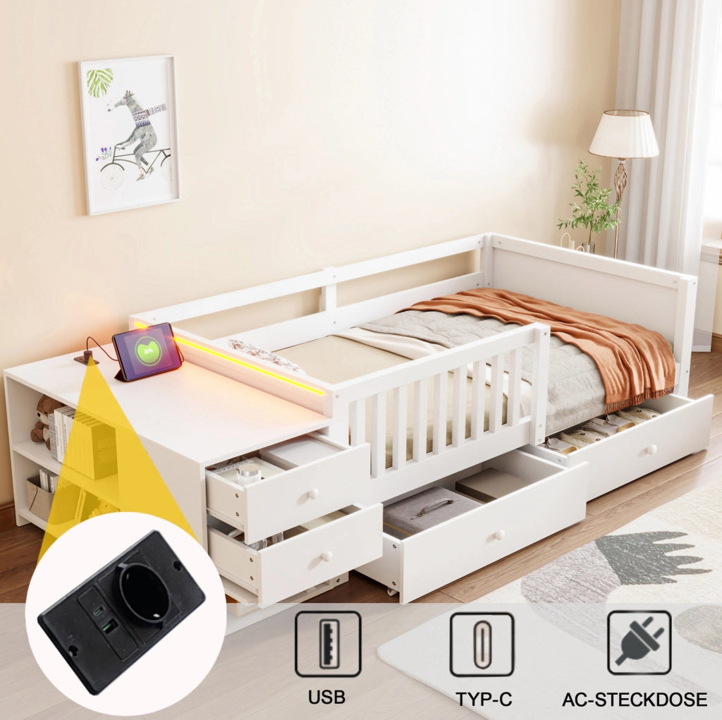 Letto per bambini 90x200 cm con contenitore separato; LED e presa; legno bianco