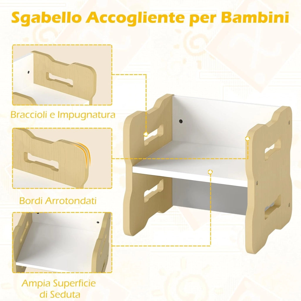 Set Tavolo e Sedia per Bambini, Set 3 Pezzi per Bambini con 2 Sgabelli e Tavolo Attività, Angoli Arrotondati e Maniglia, Mobili Multifunzionali per Casa, Scuola e Asilo (Naturale)