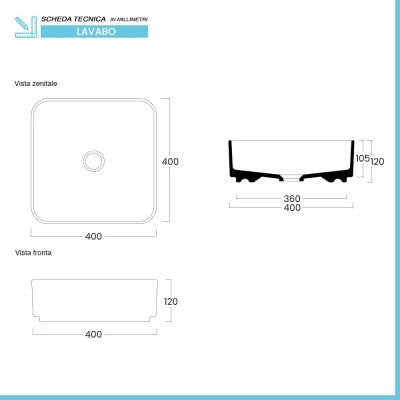 Lavabo da appoggio quadrato 40 in ceramica bianco opaco  Epsilon