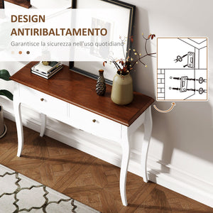 Tavolo Consolle Moderno 100x35x76,5 cm con 2 Cassetti in Legno Bianco e Marrone Scuro
