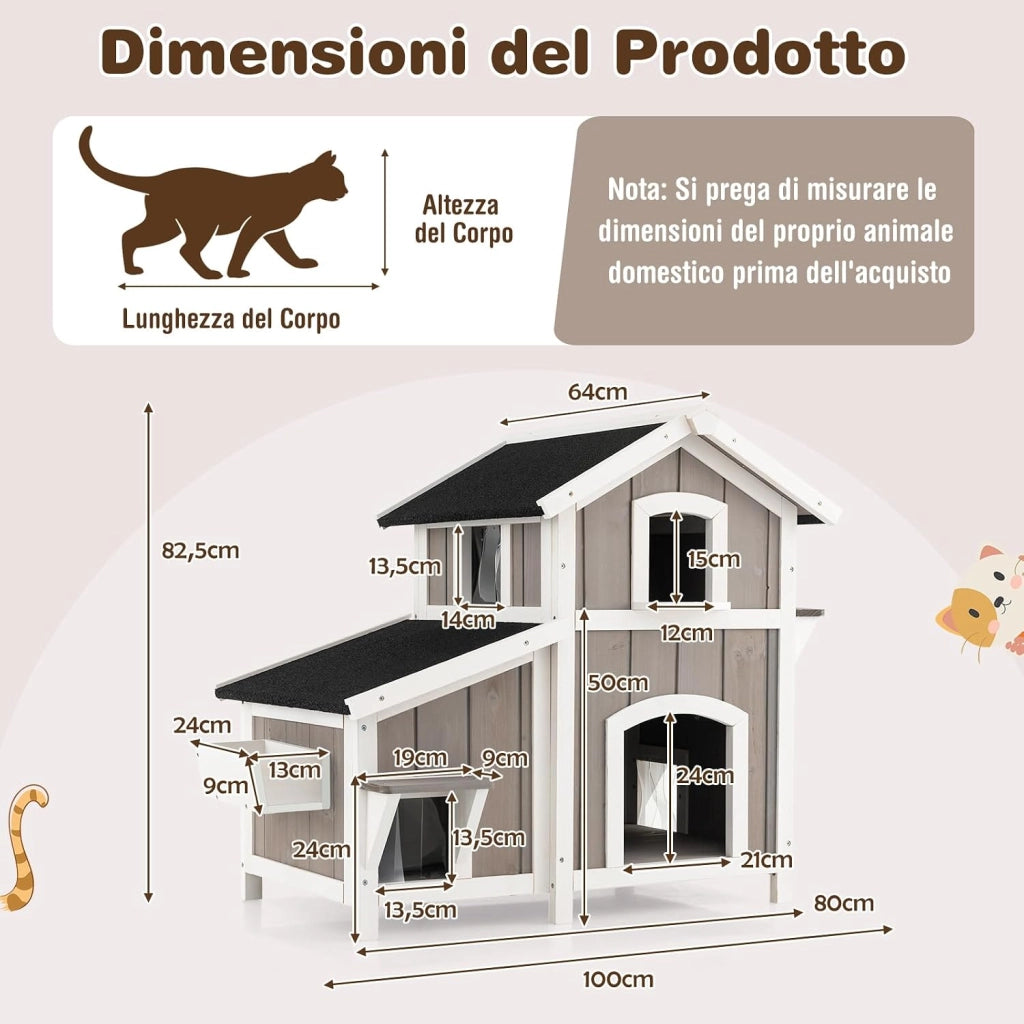 Casetta per Gatti con 2 Ingressi Frontali e 4 Bucchi con Tende in PVC, Villa per Gatti in Legno di Abete a 2 Piani con Tetto Impermeabile, Cuccia per Animali Piccoli, 100 x 64 x 82,5 cm